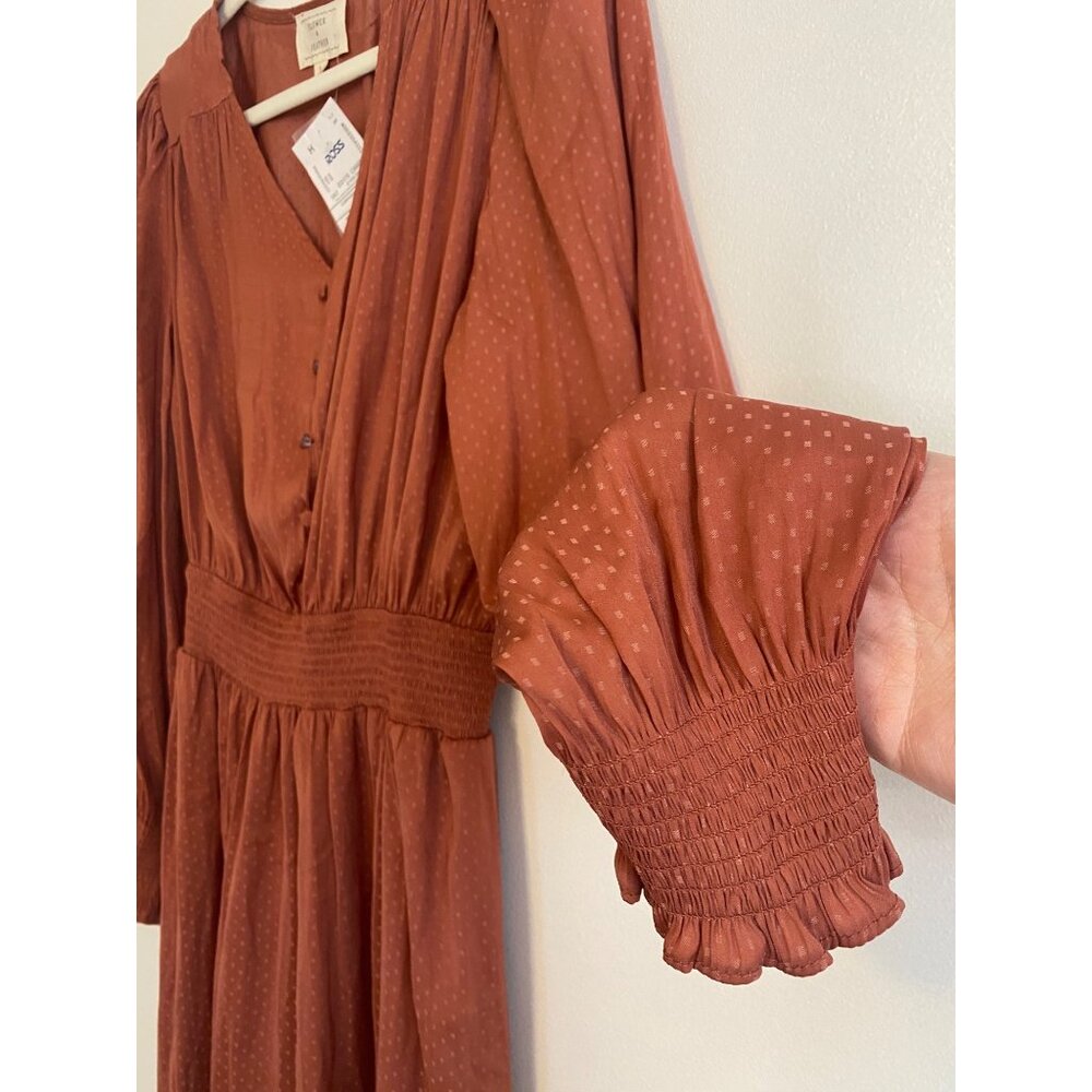 Dusty Pink Midi Dress With Polka Dot Pattern & Smocked Waist & Wrist Size L - Picture 3 of 8
